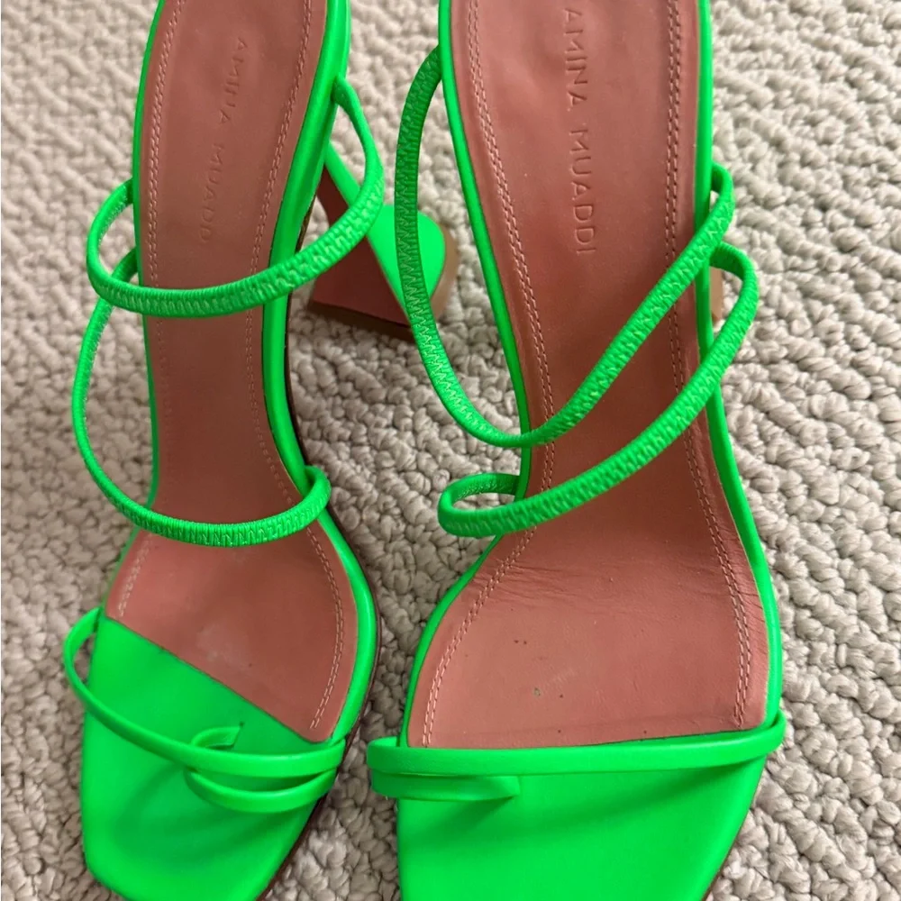 Authentic Amina Muaddi Neon Green Strappy Sandals - Picture 2 of 7